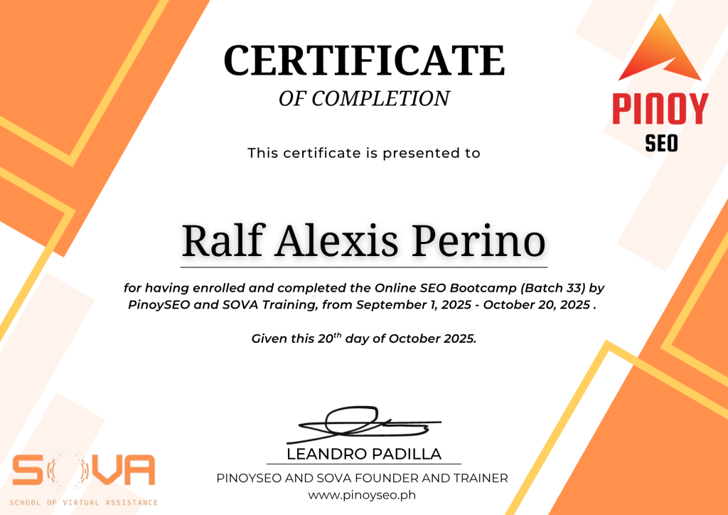 Online SEO Bootcamp Certificate - Ralf Alexis Perino | PinoySEO and SOVA Training 2025